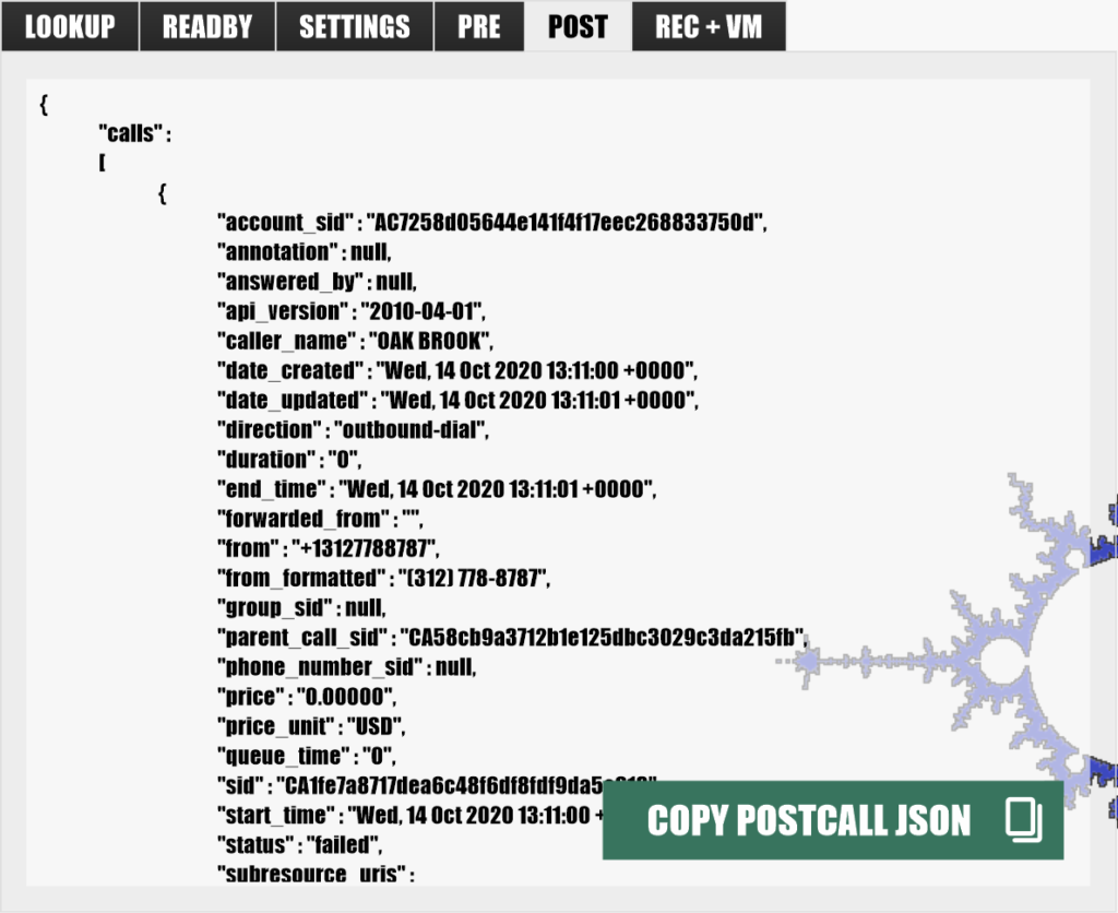 PBX call log JSON