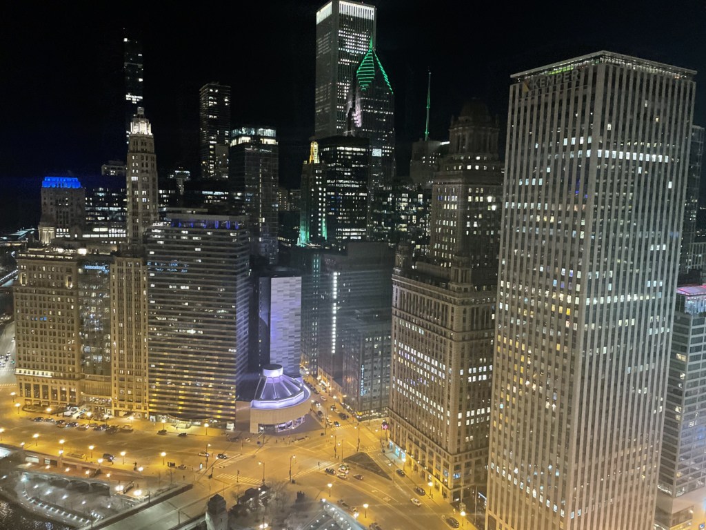 The Chicago skyline at night from the Mandelbrot LLC office.